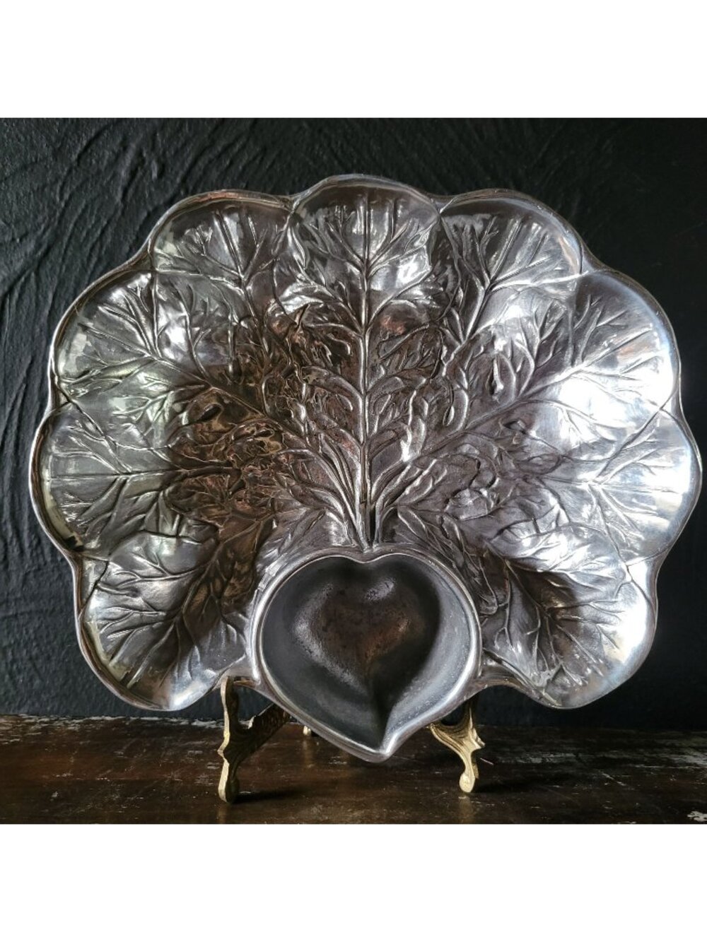 Vintage Wilton Armetale Chip & Dip Cabbage Leaf Serving Bowl Pewter